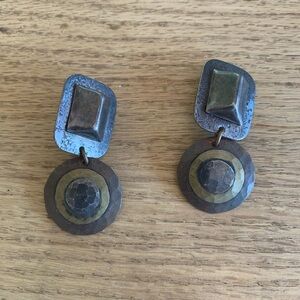 Circle Square Dangle Earrings Pounded Metal Silver Bronze Clip on Preloved‎